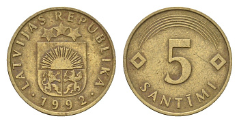 Латвия 5 сантимов 1992 KM 16 никель латунь 105-563