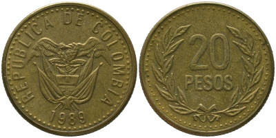 Колумбия 20 песо 1989 KM 282 алюминиевая бронза 4528-854