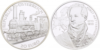 Австрия 20 евро 2003 ПАРОВОЗ, ПРИНЦ МЕТТЕРНИХ (1773-1859) KM 3104 серебро PROOF 1087-3-73