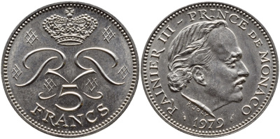 Монако 5 франков 1979 Ренье III (1949-2005) KM 150 медно-никель плакированный никелем 4389-1236
