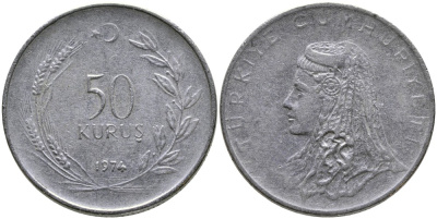 Турция 50 курушей 1974 Анатолийская невеста KM 899 нержавеющая сталь 4541-856