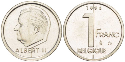 БЕЛЬГИЯ 1 ФРАНК 1994 BELGIQUE, АЛЬБЕРТ II (1993-) KM 187 железо плакированное никелем 3851-1156