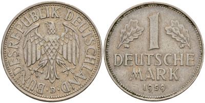 ФРГ 1 марка 1959 D KM 110, J. 385 медно-никель 4159-1037