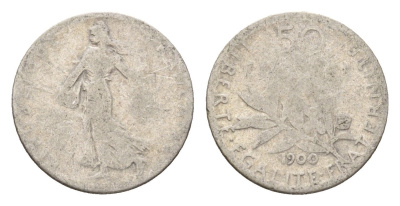 Франция 50 сантимов 1900 KM 854 серебро 54-641