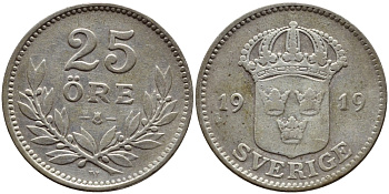 Швеция 25 эре 1919 W, Густав V (1907-1950) KM 785 серебро 4564-522