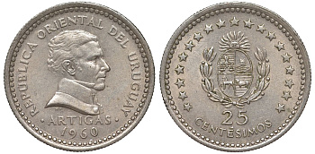 Уругвай 25 сентесимо 1960 KM 40 медно-никель 4580-834