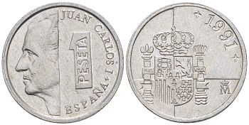 ИСПАНИЯ 1 ПЕСЕТА 1991 ХУАН КАРЛОС I ( 1975-) KM 832 алюминий 4181-1051