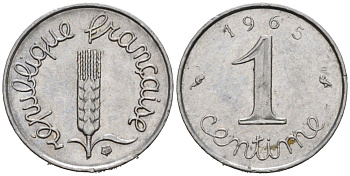 Франция 1 сантим 1965 KM 928, Le Franc 106.10 хромированная сталь 4564-763