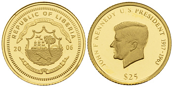 Либерия 25 долларов 2006 Джон Кеннеди золото PROOF 00-815-35