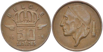 БЕЛЬГИЯ 50 САНТИМОВ 1958 BELGIE KM 149.1 бронза 4396-235