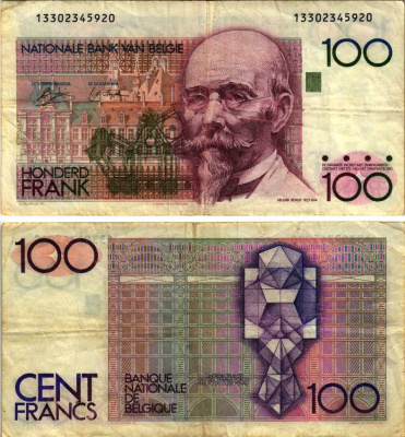 БЕЛЬГИЯ 100 ФРАНКОВ 1978-1981 ПОДПИСИ (3 И 9), АРХИТЕКТОР ХЕНДРИК БЕЙЕРТ Pick 140а бумага 7486-73-1-2