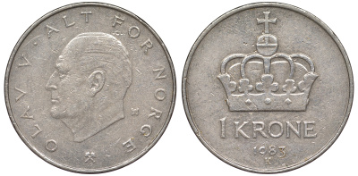 Норвегия 1 крона 1983 Олаф V KM 419 медно-никель 25-2221