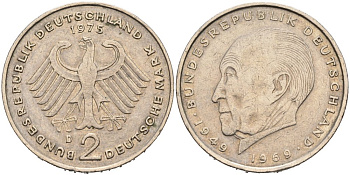 ФРГ 2 МАРКИ 1975 D, КОНРАД АДЕНАУЭР KM 124, J. 406 медно-никель плакированный никелем 4511-211