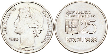 Португалия 25 эскудо 1980 первый год KM 607а медно-никель 4590-541