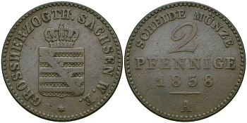 Саксен-Веймар-Эйзенах 2 пфеннига 1858 А, Карл Александр (1853-1901) KM 90, Jaeger 534, AKS 36 медь    65-544