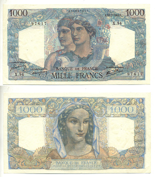 Франция 1000 франков 1945 12 июля 1945 Pick 130 a бумага 3295-66-1-1