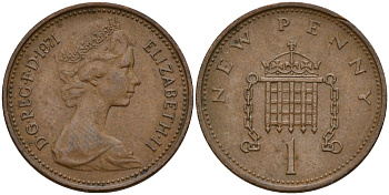Великобритания 1 пенни 1971 Елизавета II (1952-2022) KM 915, Spink 4237 (B1) бронза 4152-413