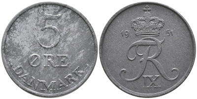 ДАНИЯ 5 ЭРЕ 1951 N; S, ФРЕДЕРИК IX (1947-1972) KM 843.1 цинк UNC 32-535