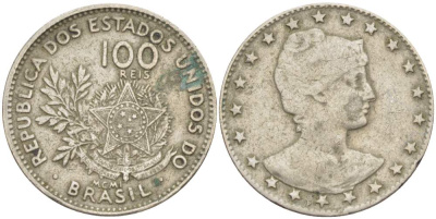 БРАЗИЛИЯ 100 РЕЙС 1901 ГОЛОВА СВОБОДЫ ВПРАВО, РИМСКАЯ НУМЕРАЦИЯ ДАТЫ KM 503 медно-никель 4529-542