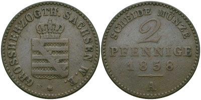 Саксен-Веймар-Эйзенах 2 пфеннига 1858 А, Карл Александр (1853-1901) KM 90, Jaeger 534, AKS 36 медь    65-544
