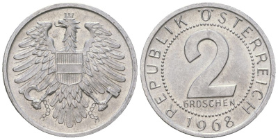 Австрия 2 гроша 1968 KM 2876 алюминий UNC 4588-616