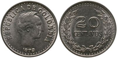 Колумбия 20 сентаво 1973 KM 246.1 сталь плакированная никелем 4529-756