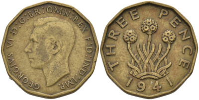 Великобритания 3 пенса 1941 Георг VI (1936-1952) KM 849, Spink 4112 никель латунь 4603-154