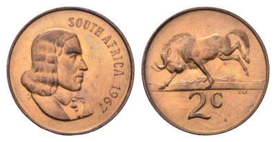 ЮАР 2 цента 1967 Ян ван Рибек (1619-1677), South Africa, легенда на английском, антилопа KM 66.1 бронза UNC 4622-853