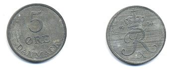 ДАНИЯ 5 ЭРЕ 1956 C; S, ФРЕДЕРИК IX (1947-1972) KM 843.2 цинк 23-224