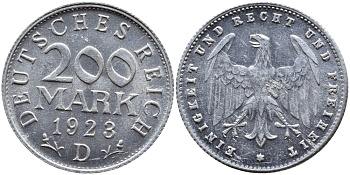 ГЕРМАНИЯ 200 МАРОК 1923 D KM 35, J. 304 алюминий 4390-927