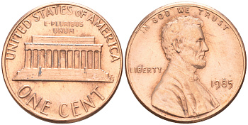США 1 ЦЕНТ 1985 ЛИНКОЛЬН KM 201b цинк плакированный медью 188-327