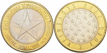 Словения 3 евро 2008 председательство Словении в ЕС KM 81 биметалл UNC M17-14