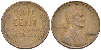 США 1 ЦЕНТ 1944 ЛИНКОЛЬН KM А132 медь цинк 3309-523