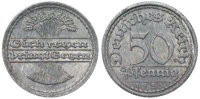 Германия 50 пфеннигов 1922 E KM 27, J. 301, Weege 10 алюминий 4121-1143