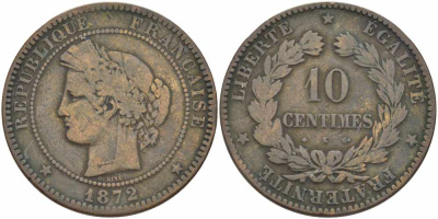 ФРАНЦИЯ 10 САНТИМОВ 1872 K, ТРЕТЬЯ РЕСПУБЛИКА (1871-1940) KM 815.2, LA FRANC 135.9 бронза 4389-1146