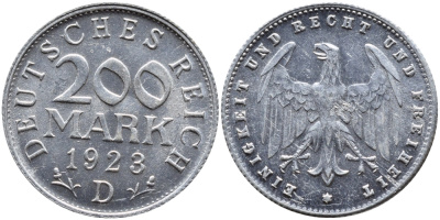 ГЕРМАНИЯ 200 МАРОК 1923 D KM 35, J. 304 алюминий 4390-927