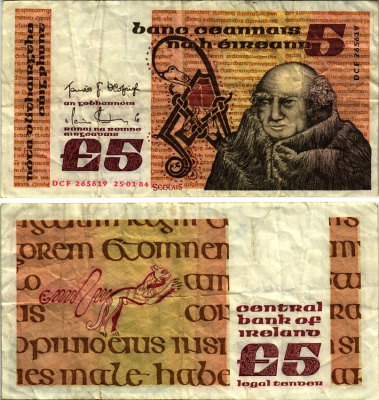 ИРЛАНДИЯ 5 ФУНТОВ 1984 25 ЯНВАРЯ 1984 Pick 71d бумага 6280-18-2-2