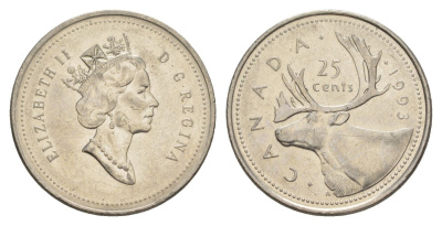Канада 25 центов 1993 Елизавета II (1952-2022), олень KM 184 никель 4631-643