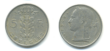 БЕЛЬГИЯ 5 ФРАНКОВ 1949 BELGIE KM 135.1 медно-никель 86-1344