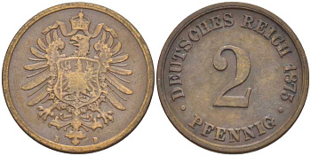 ГЕРМАНИЯ 2 ПФЕННИГА 1875 B, СТАРОГЕРБОВКА KM 2, J. 2, Weege 3 медь 212-546