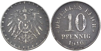 ГЕРМАНИЯ 10 ПФЕННИГОВ 1916 D KM 20, J. 298 железо 4401-111
