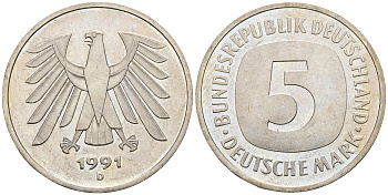 ФРГ 5 марок 1991 D, KM 140.1 , J 415 медно-никель плакированный никелем UNC 85-1156