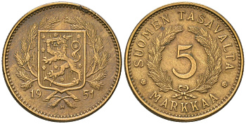 Финляндия 5 марок 1951 H KM 31a латунь 4586-523