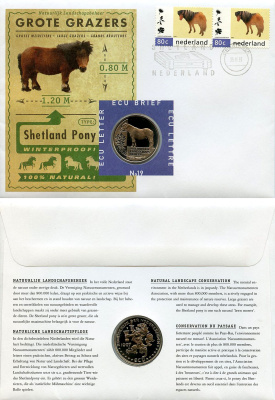 Нидерланды 1 экю 1997 Природа и сохранение - Пони, в оригинальном конверте, с марками, первый день гашения X 219 медно-никель BU 4-3-8-12