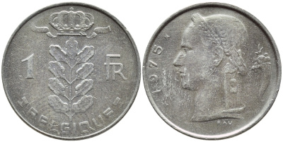 БЕЛЬГИЯ 1 ФРАНК 1975 BELGIQUE KM 142.1 медно-никель 4379-222