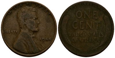 США 1 цент 1944 Линкольн KM A132 медь цинк 4164-829