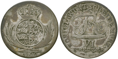 Вюртемберг 6 крейцеров 1809 Фридрих I (1806-1816) KM 495 серебро 99-826