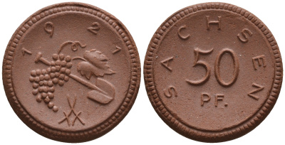 Саксония 50 пфеннигов 1921 виноград и лопата J. N 54 фарфор UNC 1094-8-55