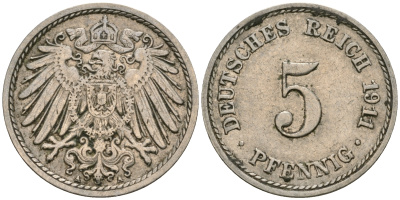 Германия 5 пфеннигов 1911 A KM 11, J. 12, Weege 6 медно-никель 08-1459