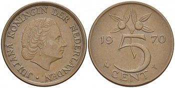 НИДЕРЛАНДЫ 5 ЦЕНТОВ 1970 ЮЛИАНА KM 181 бронза 214-822